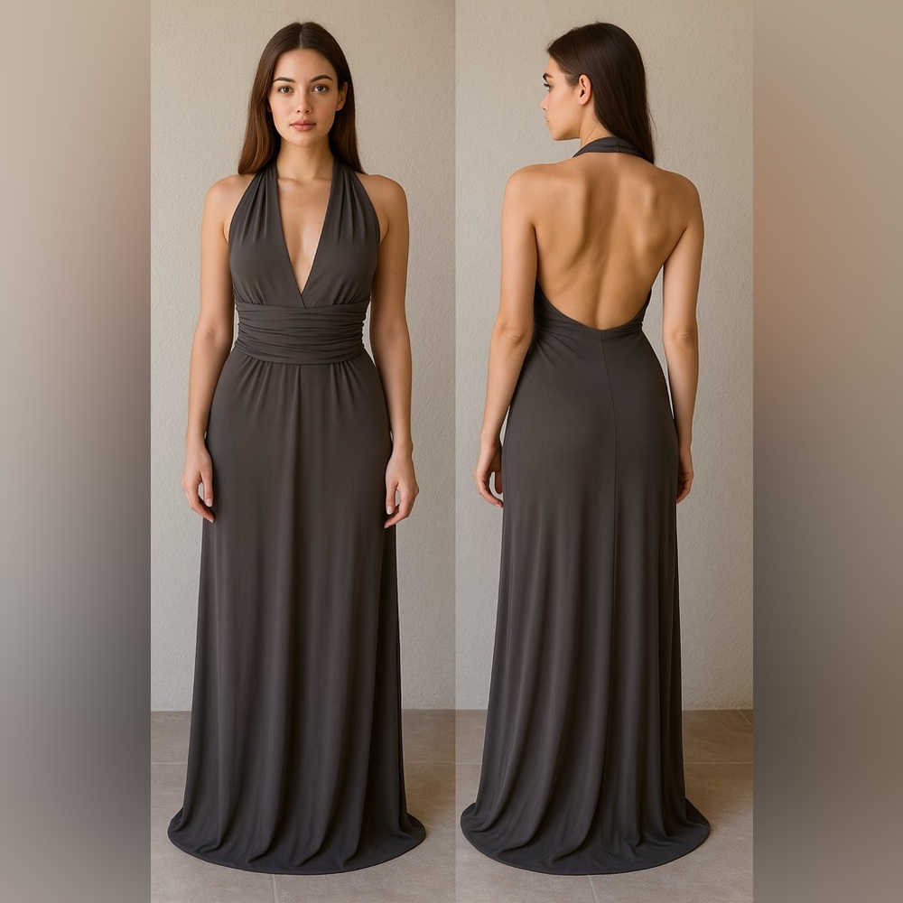 Cache Gray Ruched Backless Cocktail Gown